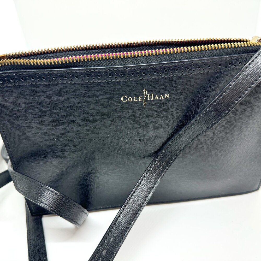 Cole Haan Black Textured Leather Adjustable Crossbody with Gold Hardware